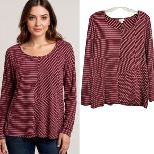 J.Jill Jersey Knit Tee Womens Size M Red Mixed Stripe Long Sleeve Pull Over Top